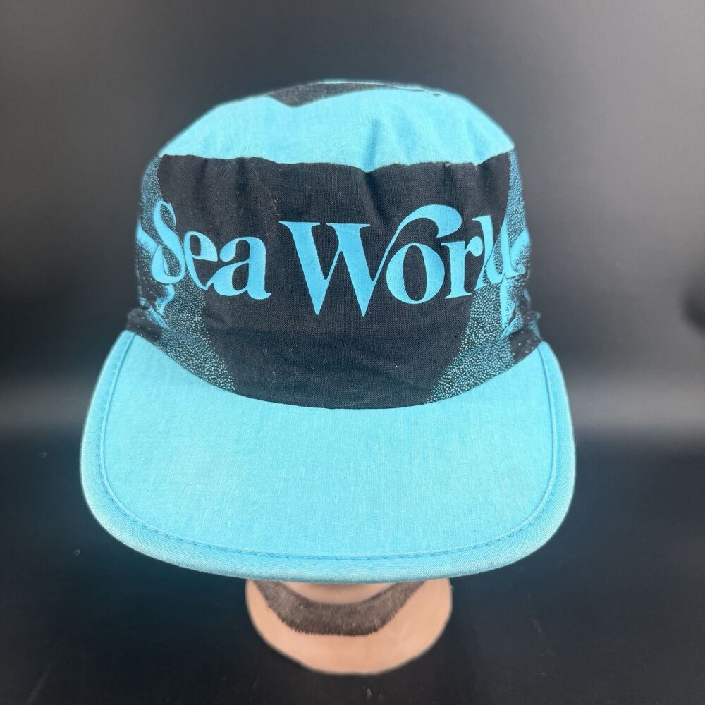 Vintage Sea World Park Shamu Hat Black & Teal Painters Cap Logo One Size USA